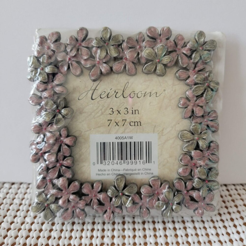 Heirloom Flowers Picture Frame Pink & Green Enamel Metal 3x3” - Picture 2 of 3